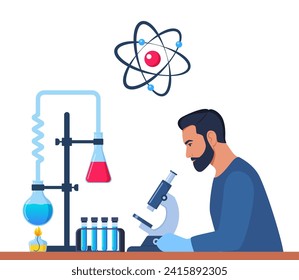 Scientist in chemistry laboratory working on research and exploration. Flasks, vials, test tubes with substance. Lab research, testing, studies in chemistry. Vector illustration