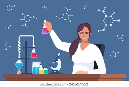 Scientist in chemistry laboratory working on research and exploration. Flasks, vials, test tubes with substance. Lab research, testing, studies in chemistry. Vector illustration