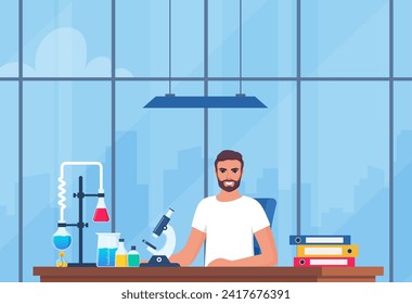 Scientist in chemistry laboratory working on research and exploration. Flasks, vials, test tubes with substance. Lab research, testing, studies in chemistry. Vector illustration