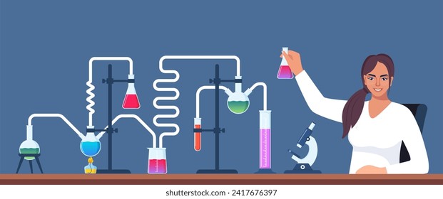 Scientist in chemistry laboratory working on research and exploration. Flasks, vials, test tubes with substance. Lab research, testing, studies in chemistry. Vector illustration