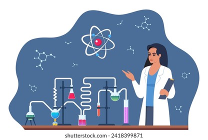 Scientist in chemistry laboratory working on research and exploration. Flasks, vials, test tubes with substance. Lab research, testing, studies in chemistry. Vector illustration