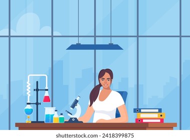 Scientist in chemistry laboratory working on research and exploration. Flasks, vials, test tubes with substance. Lab research, testing, studies in chemistry. Vector illustration