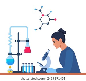 Scientist in chemistry laboratory working on research and exploration. Flasks, vials, test tubes with substance. Lab research, testing, studies in chemistry. Vector illustration