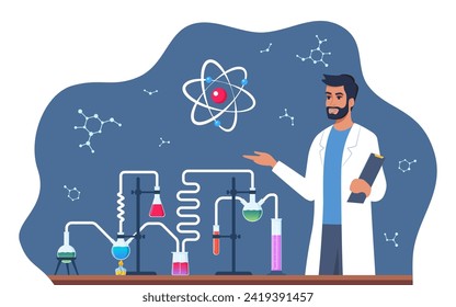 Scientist in chemistry laboratory working on research and exploration. Flasks, vials, test tubes with substance. Lab research, testing, studies in chemistry. Vector illustration