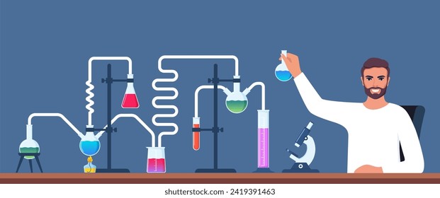 Scientist in chemistry laboratory working on research and exploration. Flasks, vials, test tubes with substance. Lab research, testing, studies in chemistry. Vector illustration