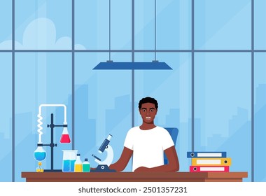 Scientist in chemistry laboratory working on research and exploration. Flasks, vials, test tubes with substance. Lab research, testing, studies in chemistry. Vector illustration