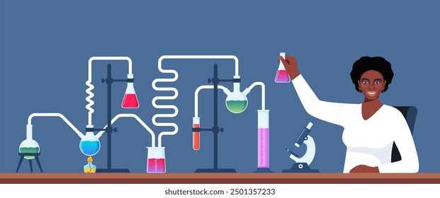 Scientist in chemistry laboratory working on research and exploration. Flasks, vials, test tubes with substance. Lab research, testing, studies in chemistry. Vector illustration