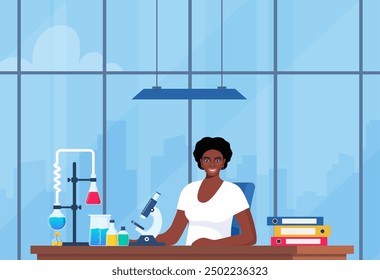 Scientist in chemistry laboratory working on research and exploration. Flasks, vials, test tubes with substance. Lab research, testing, studies in chemistry. Vector illustration