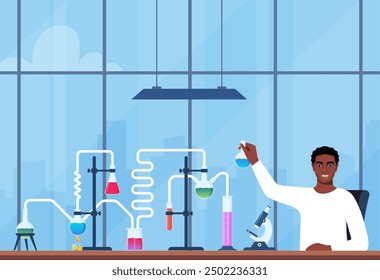 Scientist in chemistry laboratory working on research and exploration. Flasks, vials, test tubes with substance. Lab research, testing, studies in chemistry. Vector illustration