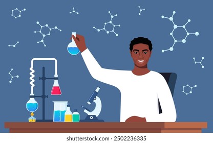 Scientist in chemistry laboratory working on research and exploration. Flasks, vials, test tubes with substance. Lab research, testing, studies in chemistry. Vector illustration