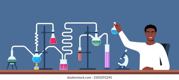 Scientist in chemistry laboratory working on research and exploration. Flasks, vials, test tubes with substance. Lab research, testing, studies in chemistry. Vector illustration