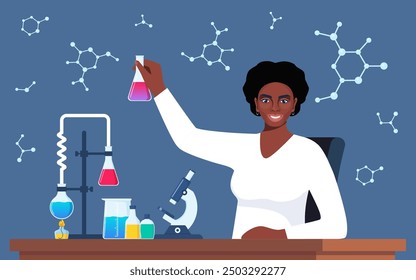 Scientist in chemistry laboratory working on research and exploration. Flasks, vials, test tubes with substance. Lab research, testing, studies in chemistry. Vector illustration