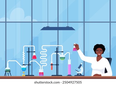 Scientist in chemistry laboratory working on research and exploration. Flasks, vials, test tubes with substance. Lab research, testing, studies in chemistry. Vector illustration