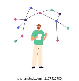 Scientist at chemistry research with chemical formula structure. Chemist, science expertise. Biology, biochemistry and physics study, discovery. Flat vector illustration isolated on white background