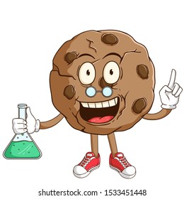 scientist of chocolate chip cookie cartoon character makes a chemical formula with funny smile face