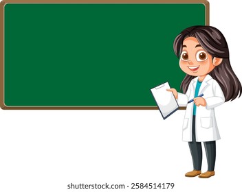 A scientist with clipboard near a chalkboard