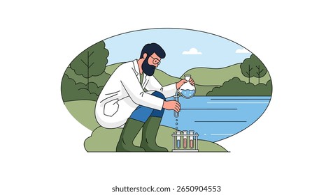 Cientista coletando amostra de água perto do lago para análise ambiental
