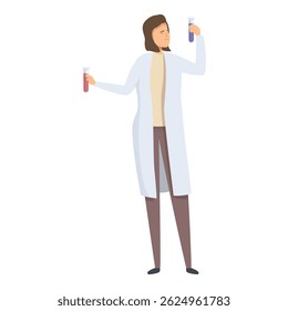 Scientist is comparing two test tubes containing different colored liquids in a laboratory setting