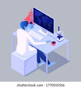 Scientist at computer isometry. Scientific character behind pc observes world statistics coronovirus next to modern microscope cup coffee experimental biological vector laboratory for vaccines.