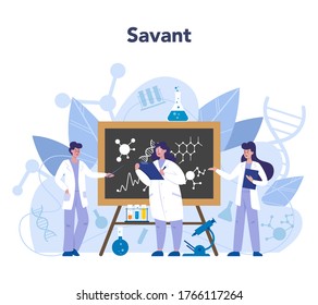 Scientist concept. Idea of education and innovation. Biology, chemistry, medicine and other subjects systematic study. Isolated flat illustration