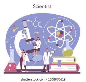 Scientist concept. Idea of education and innovation. Biology, chemistry, medicine and other subjects systematic study. Isolated flat illustration