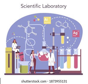 Scientist concept. Idea of education and innovation. Biology, chemistry, medicine and other subjects systematic study. Isolated flat illustration