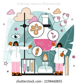 Scientist concept. Idea of education and innovation. Biology, chemistry, medicine and other subjects systematic study and research. Flat vector illustration