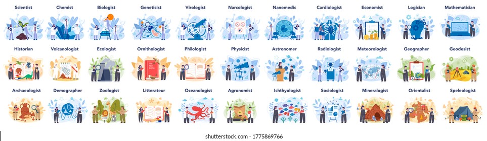 Scientist concept set. Idea of education and innovation. Biology, chemistry, medicine and other subjects systematic study. Isolated flat illustration