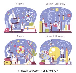 Konzept des Wissenschaftlers. Idee von Bildung und Innovation. Biologie, Chemie, Medizin und andere Probanden systematische Studie. Einzige flache Abbildung