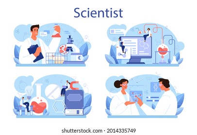 Scientist concept set. Idea of education and innovation. Biology, chemistry, medicine and other subjects systematic study. Isolated flat illustration