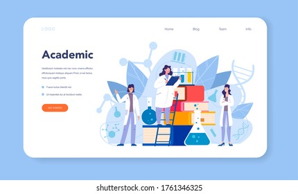 Scientist concept web banner or landing page. Idea of education and innovation. Biology, chemistry, medicine and other subjects systematic study. Isolated flat illustration