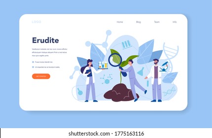 Scientist concept web banner or landing page. Idea of education and innovation. Biology, chemistry, medicine and other subjects systematic study. Isolated flat illustration