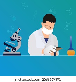 Scientist Conducting Chemical Experiment with Microscope Nearby