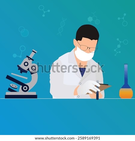 Scientist Conducting Chemical Experiment with Microscope Nearby