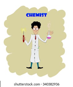 A scientist conducting an experiment, Fun cartoon chemist with flask. Vector illustration