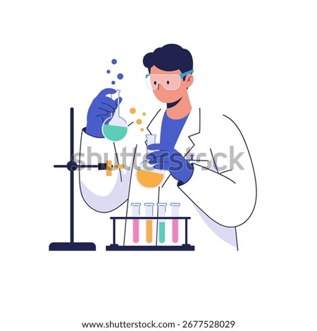 Scientist conducting experiment in laboratory, mixing chemicals in flasks with safety goggles and gloves, representing scientific research and discovery.