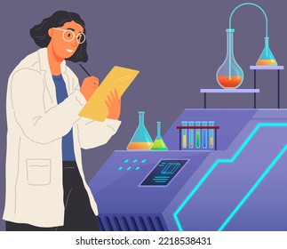 Científico realizando experimentos e investigaciones líquidas en laboratorio con equipos modernos tecnológicamente automatizados. Desarrollo de sustancias químicas de laboratorio. Hombre realizando experimentos con tubos de ensayo