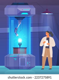 Scientist conducting experiments and liquid research in lab with modern technologically automated equipment. Chemical laboratory substance development. Woman conducting experiment with test tubes