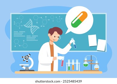 Un científico que lleva a cabo investigaciones en un laboratorio moderno con microscopio, tubos de ensayo y estructuras de ADN. Ilustración vectorial.