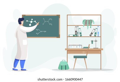 Scientist conducting research writing down molecular formula elements on blackboard. Researcher in laboratory. Workplace of male chemist. Interior design of office or lab. Vector in flat style