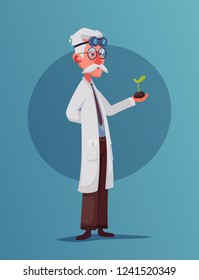 Scientist is conducting a scientific experiment. Biology concept. Growing plants. Funny character. Cartoon vector illustration. Mad professor. Person with glasses