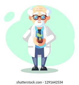Scientist is conducting a scientific experiment. Biology concept. Growing plants. Funny flat character. Cartoon vector illustration. Mad professor. Person with glasses - Vector