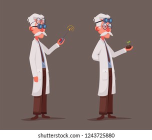 Scientist is conducting a scientific experiment. Remote controller. Funny character. Cartoon vector illustration. Mad professor. Person with glasses