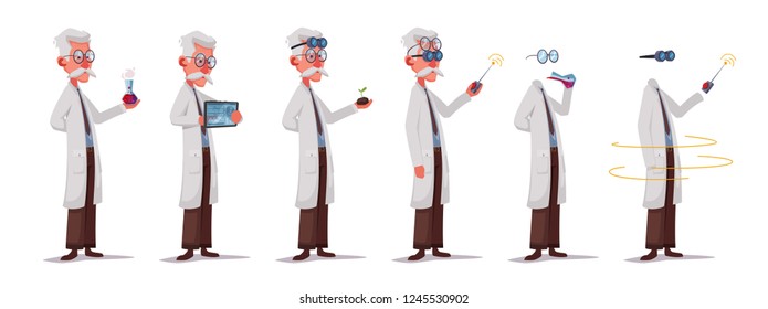 Scientist is conducting a scientific experiment. Remote controller. Funny character. Cartoon vector illustration. Mad professor. Person with glasses. Invisible man