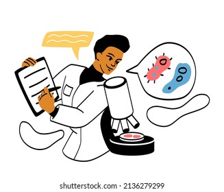 Scientist conducting scientific researches concept. Man look through microscope, studies bacteria and virus and writes down his observations in notebook. Microbiology. Cartoon flat vector illustration