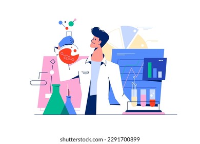 Scientist conducts chemical experiment in laboratory, vector illustration. Tubes and mixtures along with infographics of process.