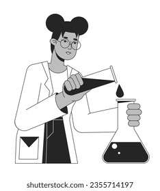 Scientist conducts experiment bw concept vector spot illustration. Pouring liquid into flask 2D cartoon flat line monochromatic character for web UI design. Editable isolated outline hero image