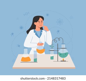 Scientist conducts experiment. Girl in medical coat next to table with substances. Evaluation of chemical reactions and drug development. Reagents and substance. Cartoon flat vector illustration