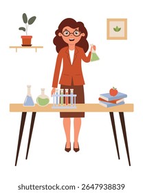 Scientist conducts experiment in laboratory room with multi-colored glassware and teaching materials. Lab assistant girl in business suit in chemistry lesson.Vector illustration in flat style.