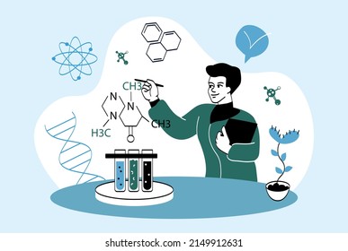 El científico lleva a cabo un experimento. Un chico joven pipeta reactivo en otra sustancia. Comprobación de las reacciones de sustancias, desarrollo de medicamentos y cosméticos, química. Dibujo vectorial plano de dibujos animados